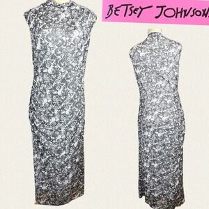 Betsey Johnson XL Black Mesh Rose Print Fitted Sleeveless Mock Neck Midi Dress